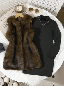 2pcs/Set Girls Sleeveless Fluffy Vest Jacket & Textured Fitted Knit Dress, Casual Vacation Outfit Fall Winter - Black - View 8