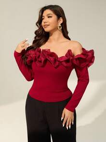 Auralis Plus Size Women's And Fashion Red Top For Women, Elegant And Comfortable Daily Three-Dimensional Lace One-Shoulder Red Slim-Fit Top, Party Red Top, Outfits, New Year Red Spring - Red - View 4