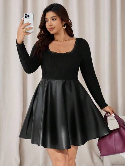 Auralis 秋季大码优雅拼接PU皮革圆领长袖连衣裙