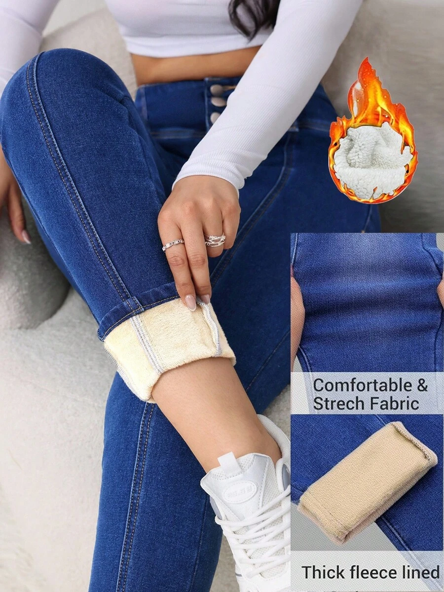 SHEIN Tall CURVE Blugi skinny albastru închis, talie înaltă, toamnă-iarnă, căptușiți termic, mărime mare, stil casual, pentru toamnă și iarnă