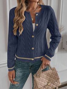 EMERY ROSE Áo thun nữ tay dài cài nút đơn giản tối giản thường ngày - Màu xanh hải quân - Xem 3