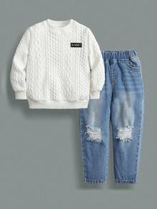SHEIN 2pcs Tween Boy Casual Textured Sweatshirt And Denim Pants Set Chic Outfits For Autumn/Winter