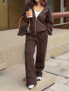 DAZY Women's Casual Everyday Commute Simple Solid Color Drop Shoulder Loose Zip-Up Drawstring Hoodie And Wide Leg Sweatpants 2 Pieces Set, Autumn/Winter