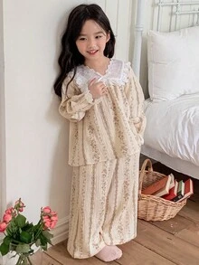 DAZY 女童碎花V领撞色拼接喇叭袖上衣和阔腿裤宽松睡衣套装，秋/春假期 - 杏色 - 查看 7