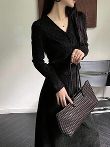 DAZY Bộ 2 món áo cardigan ôm sát, áo và chân váy, họa tiết hoa kẻ caro nền tối màu, thời trang công sở, thoải mái, lấp lánh, dự tiệc cưới, thu/đông cho nữ - màu đen - Xem 6