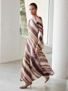 Lumivelle 女士优雅修身喇叭袖花卉印花长袖连衣裙，秋冬简约风格 - 彩色 - 查看 1