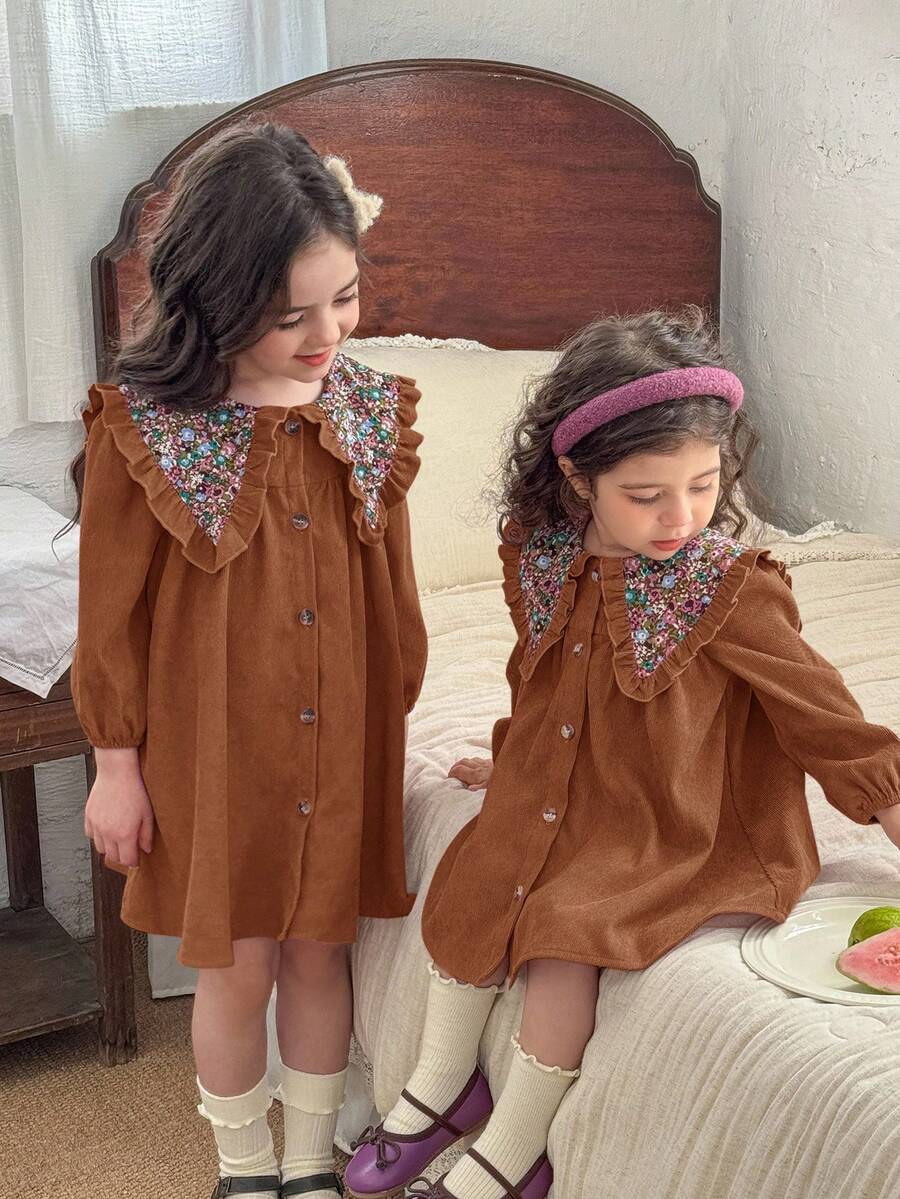 LMoss Kids 女婴梭织拼布花卉彼得潘领休闲连衣裙 - 駝色 - 查看 1