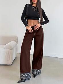 SHEIN Cottnline HIGH RISE WIDELEG JEAN WITH LEOPARD PETITE - Brown - View 3