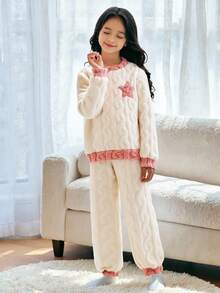 2 件套女童休闲家居服套装，毛绒提花面料，领口/袖口/下摆撞色，略宽松版型，人字纹提花面料融入时尚元素，正面绣有五角星贴片，适合秋冬家居服 - 米色 - 查看 4