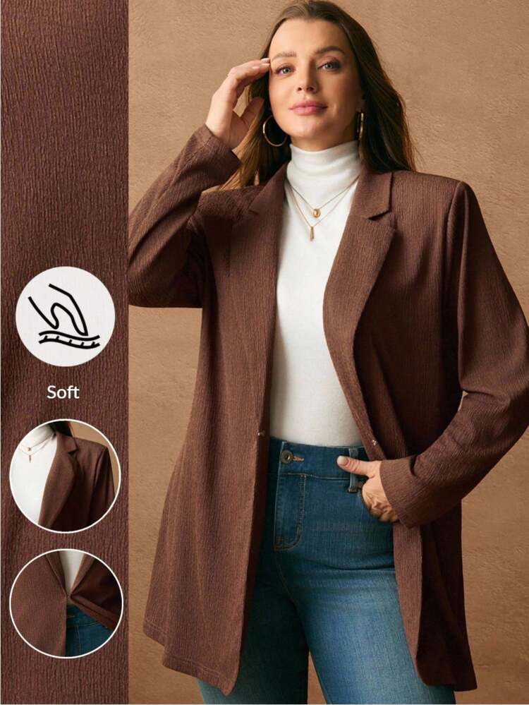 Plus Size Women Fall Elegant Casual Lapel Neck Open Front Solid Color  Long Sleeve Coat,Autumn/Winter,Winter Clothes For Women,Going Out Outfits,Fall Clothes For Women,Fall Outfits,2025 New Clothes,Casual Everyday Wear,Fall Jacke TFor Women,Winter Women Blazer, Brown Jacket Women,Outerwear