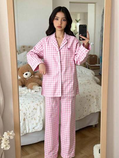 SHEIN Tween Girls Pajamas Long Sleeve Top And Pants Pajama Set, Casual Loose Fit Homewear With Lapel, Comfortable For Home And Outings, Suitable For Spring, Summer, Autumn And Winter Fall