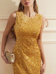 Chiquease 优雅无袖亮片天鹅绒连衣裙，修身腰身，高端别致风格 - 黃色 - 查看 3
