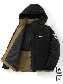 Manfinity Hypemode Abrigo con capucha casual y cálido con cremallera y acolchado para hombres, otoño/invierno - Negro - Ver 1