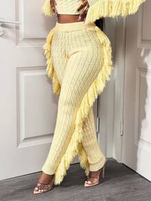 BamGleam Women's Elastic Waist Fringe Design Knitted Long Pants, Autumn/Winter