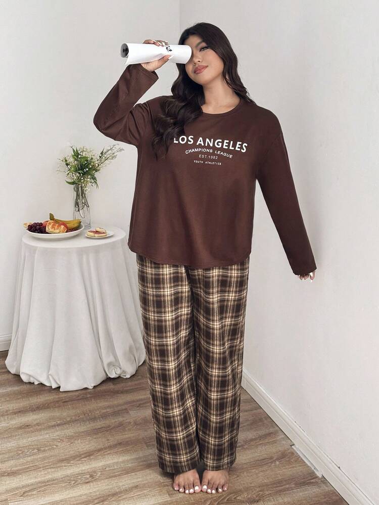 Dazy Plus Letter Print Loose Long Sleeve Top & Plaid Pants Pajama Set, Plus Size Women Casual Sleepwear, Fall Winter Clothes