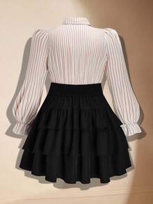 Sweetra Plus Size Women Striped Patchwork 2 In 1 Bow Collar Ruffle Hem Preppy Style Date Night Party Dress - Orange - View 2