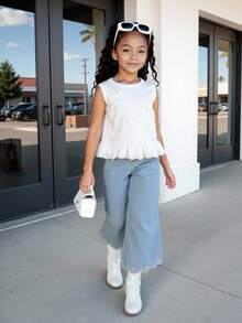 Elladie kids 2pcs/Set Girls Elegant Round Neck Sleeveless Tank Top With 3D Bow Accent + Embroidered Bell Bottom Jeans, Casual Fashion Outfit, Suitable For Holiday, Travel, Party, Birthday Gift, Summer