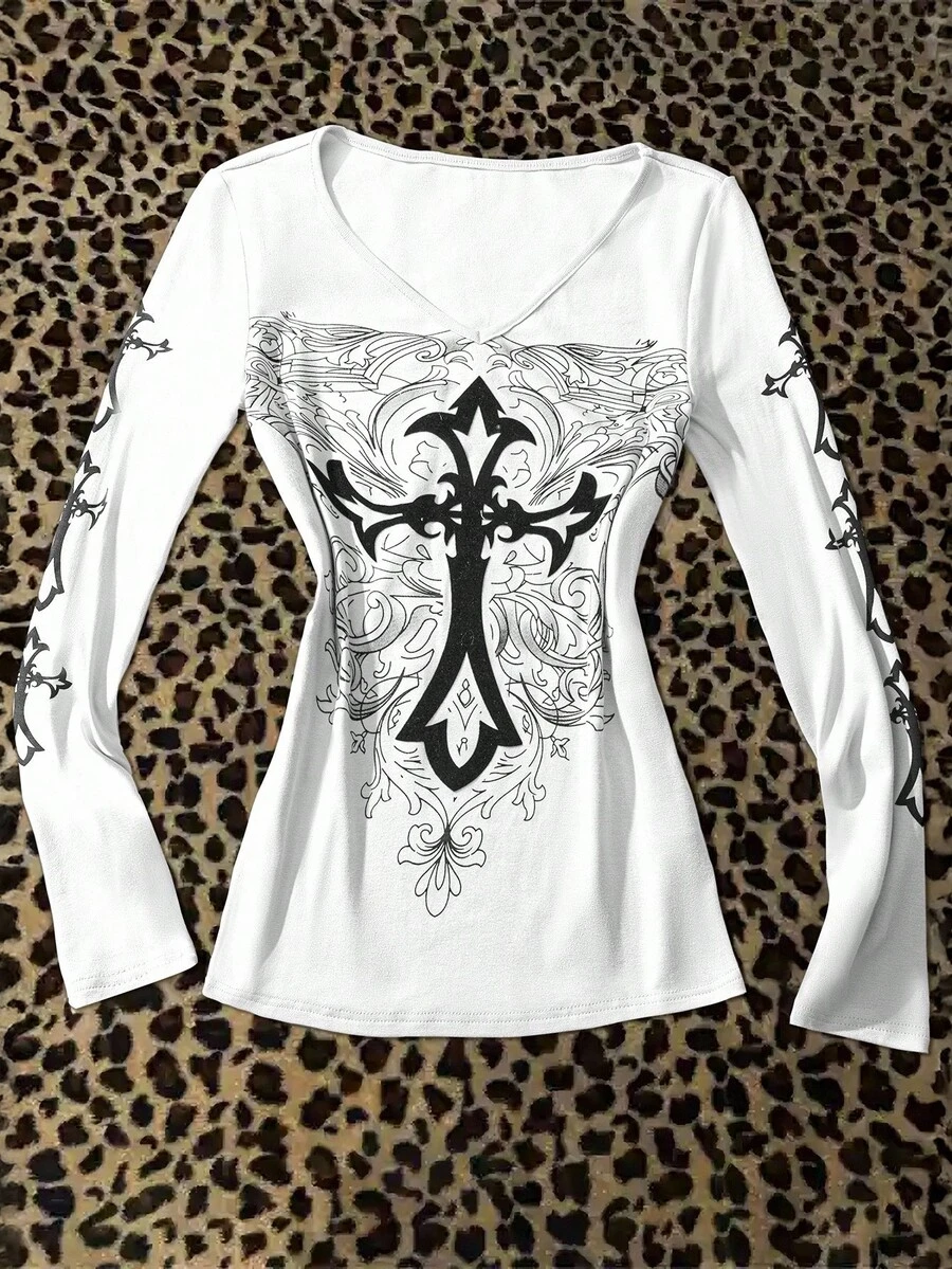 INAWLY Vintage Style Cross Print Long Sleeve T-Shirt Fall Cloth For Women - White - View 1