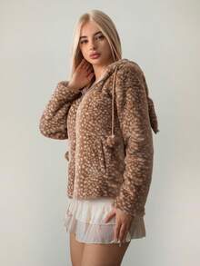 Sweetina Women's Deer Print Patchwork Tight Ribbed Deer Ear Bow Jacket Animal Print Clothes Warm Clothes Women Leopard Print Jacket Fawn Print Hoodie Deer Print Jacket In Fall/Winter,Zip Up Hoodie For Women - Multicolor - View 7