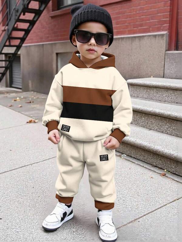 SHEIN Set de 2 piezas de sudadera con capucha y pantalón de chándal de color block suelto y casual para niños jóvenes, adecuado para otoño/invierno