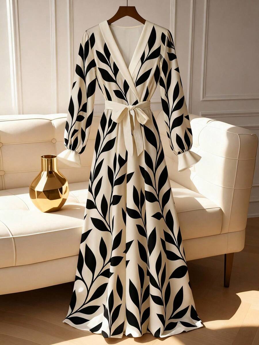 GlowEve Women's Elegant Casual Commuter Dress With Graphic Print And Color Block Design, Waist Cinched - Multicolor - View 1