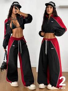 Coolane Concert Streetwear Going Out Sportswear Color-Blocked Banded Texture Decoration Pants And Piping Crop Black Jacket,2pcs,Fall Clothes For Women Halloween,Winter Clothes