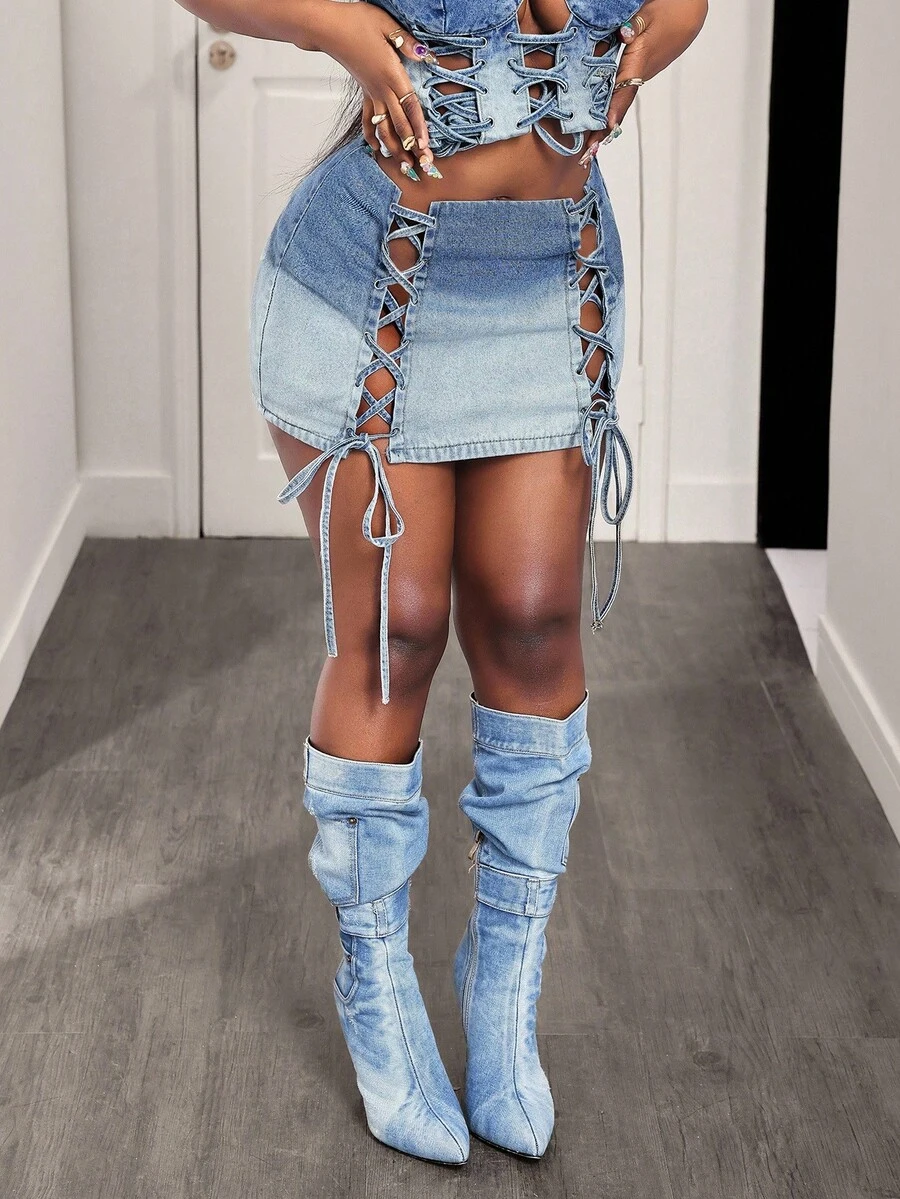 Slaydiva Women's Distressed Tie-Up Denim Mini Skirt - Blue - View 1