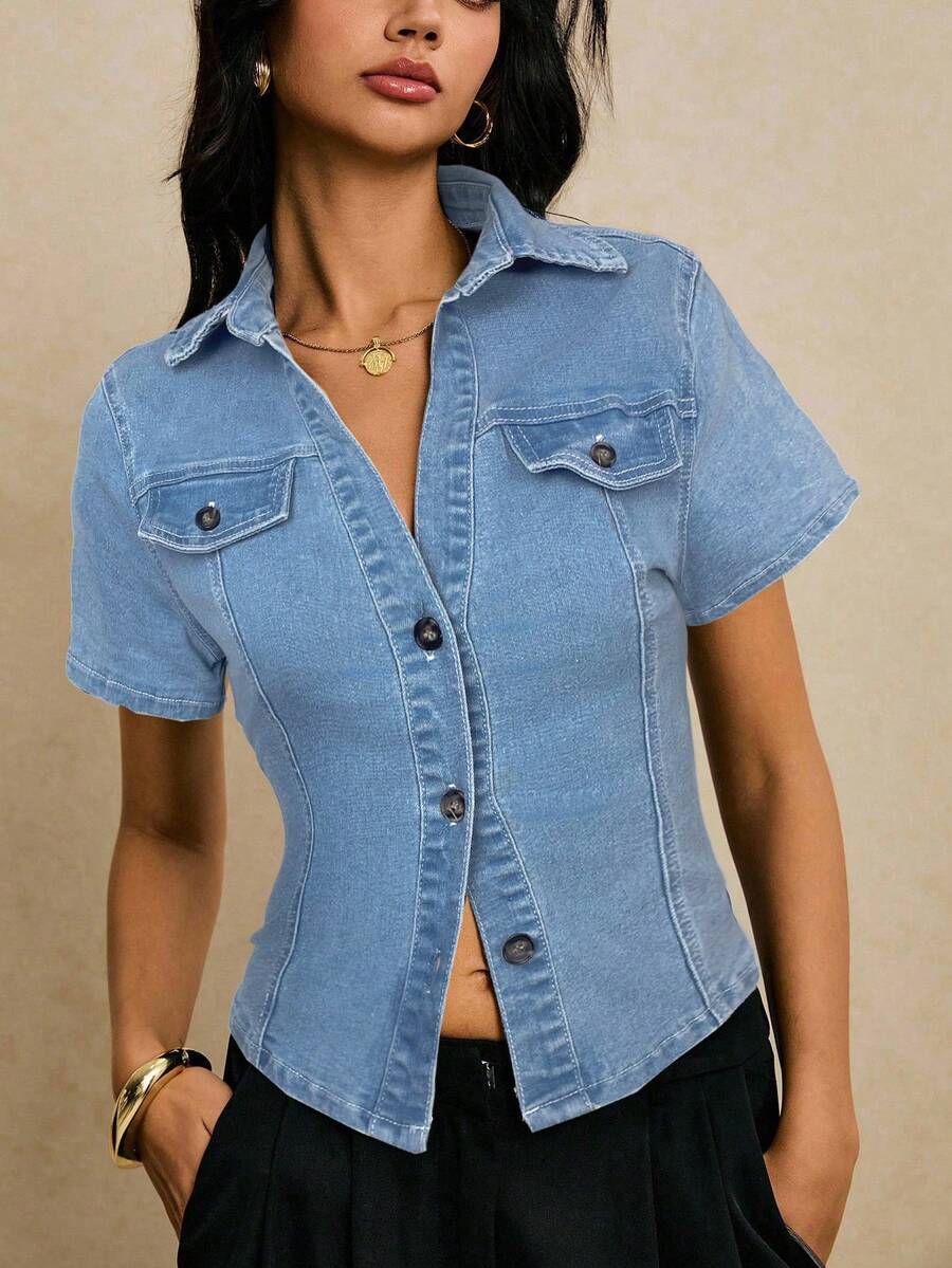 Poéselle Áo khoác denim đơn hàng ngày tay ngắn dành cho nữ - Rửa nhẹ - Xem 1