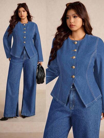 Elaquor 大码休闲腰部收紧牛仔夹克