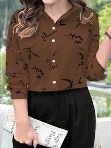 EMERY ROSE Plus Size Women Fall Casual Beige Printed Long Sleeve Shirt - Coffee Brown - View 1