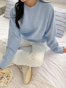 DAZY Suéter azul de mujer de manga larga, cuello redondo, corte holgado y estilo casual para otoño/invierno - Azul - Ver 1