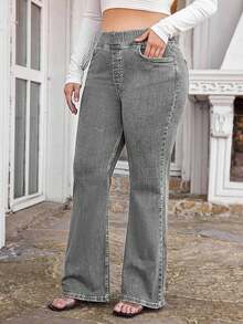 EURMUSE Quần jeans ống loe cạp cao, dáng ôm, giặt thường ngày cỡ lớn - Xám - Xem 5