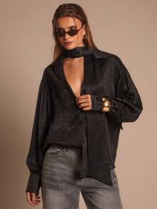 Glamine Elegant Reflective Satin Fabric Oversized Women Shirt.Women's Elegant Sexy Solid Color Plunging Neck Blouse, Summer,Fall Tops Black Blouse Black Top.Women Loose Solid Color Long Sleeve Tie Shirt Blouse,Long Sleeve Tops,Fall Clothes.Textured Satin Business Blouse For Women - Black - View 7