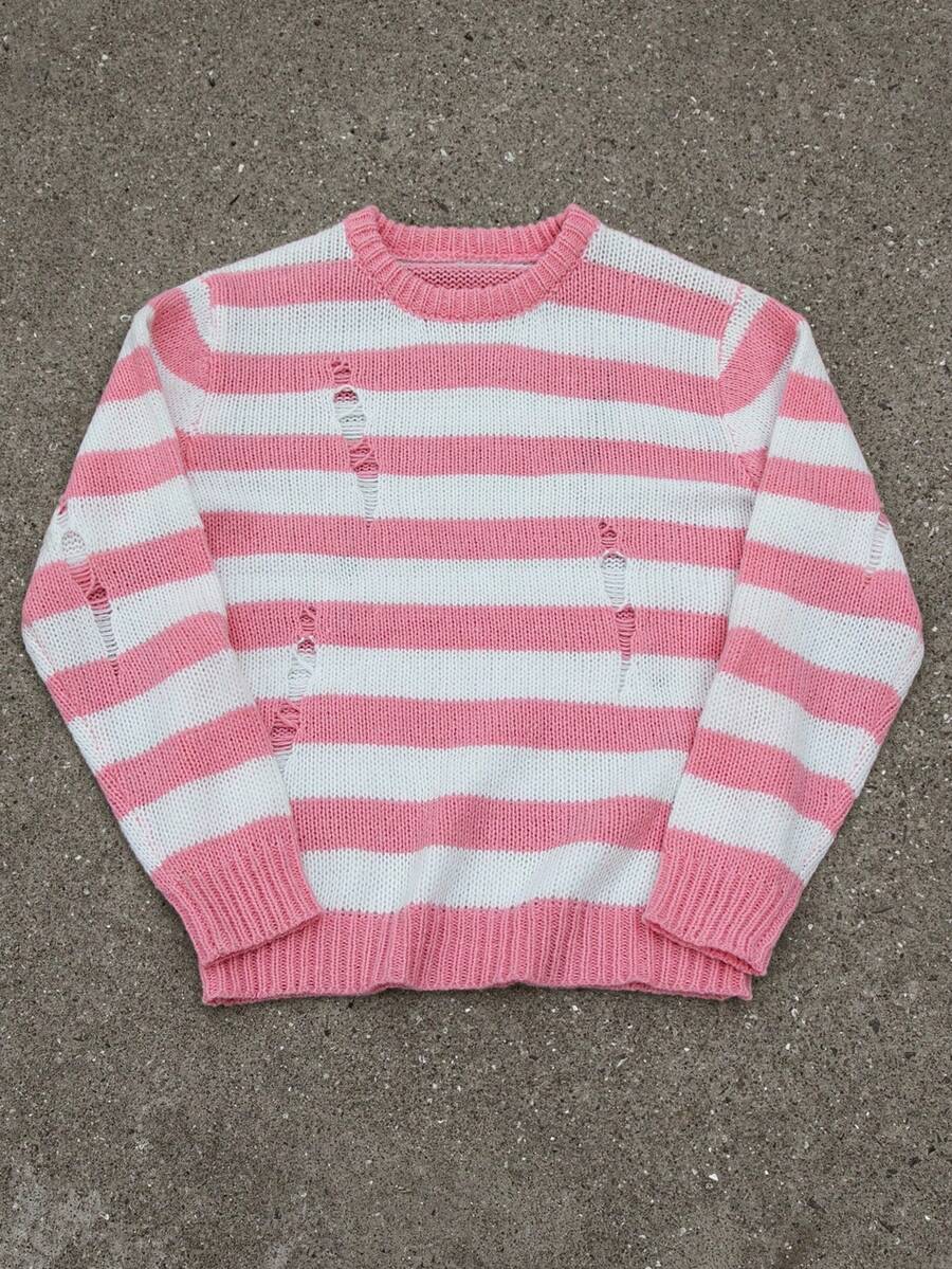 Manfinity Hypemode Suéter casual de hombre con bloques de color y rayas desgastadas, otoño/invierno - Rosa - Ver 1