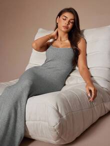 Lazeform Women's Casual Solid Color Knit Fitted Elastic Camisole Maxi Dress - Grey - View 8