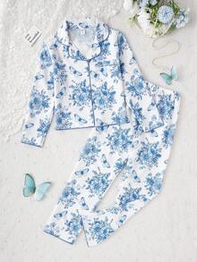 女学生睡衣，女孩可爱樱桃印花长裤和长袖休闲两件套睡衣套装 - 彩色 - 查看 4