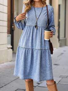 SHEIN LUNE 女款淺藍色牛仔長袖層次蛋糕裙，秋季波希米亞休閒中長洋裝，時尚燈籠袖分層牛仔布洋裝 - 中等水洗藍 - 查看 3
