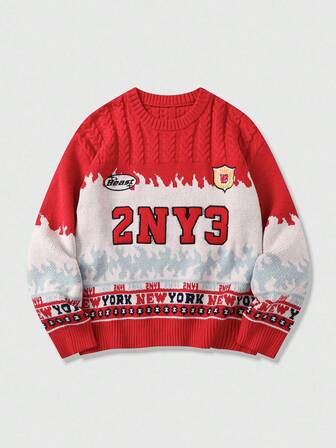 Prep Maglione da uomo con contrasto di colori, patchwork e ricamo, autunno inverno