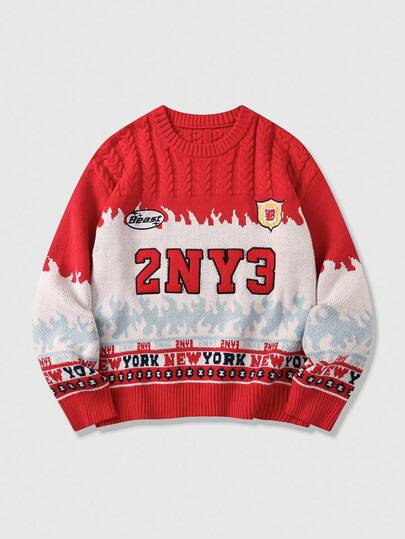 Prep Men's Contrast Color Patchwork Embroidered Sweater, Fall Winter