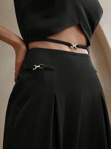 Anewsta 2pcs/Set Urban Minimalist Women Chain Decor Sleeveless Top & Wide Leg Pants Set - Black - View 2