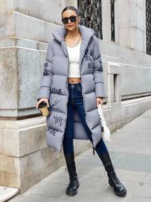 SHEIN Cottnline Women's Printed Plus Size Padded Coat, For Winter - Grey - View 4