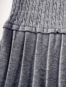 PrepCrw 1 件青少年女孩优雅校园风格休闲都市温暖罗纹褶皱长袖修身连衣裙，适合返校、日常穿着、外出、度假、秋冬 - 灰色 - 查看 8