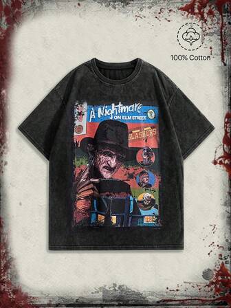 A Nightmare on Elm Street X ROMWE Halloween Distressed Acid Wash Oversized Damen T-Shirt