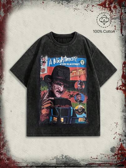 A Nightmare on Elm Street X ROMWE Camiseta oversize de mujer con lavado ácido y efecto desgastado para Halloween