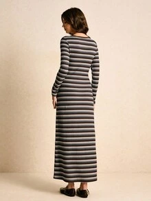 Poéselle 女士连衣裙、针织条纹、长袖连衣裙、长款连衣裙、休闲条纹连衣裙、家居连衣裙女士休闲通勤条纹修身长裙条纹长裙长袖条纹连衣裙长袖连衣裙修身长裙女士冬装女士连衣裙秋冬舒适女士秋冬装圣诞新年连衣裙感恩节服装 - 彩色 - 查看 7