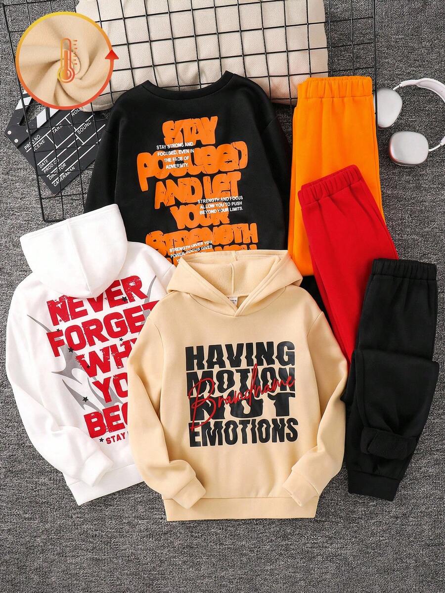 SHEIN 6 件套儿童/青少年男童休闲超大字母图案连帽卫衣和纯色慢跑裤 2 件套，3 种款式，买 1 送 2，适合通勤、上学、休闲、旅行、运动、春夏秋冬 - 彩色 - 查看 1