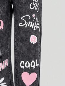 SHEIN Sparklyn Teen Girl Medium Wash Distressed Print Casual Denim Jeans Fall Winter - Black - View 6