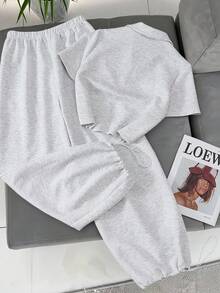 Resyla 2件套女士休闲百搭骑士刺绣上衣和裤子套装 - 灰色 - 查看 2