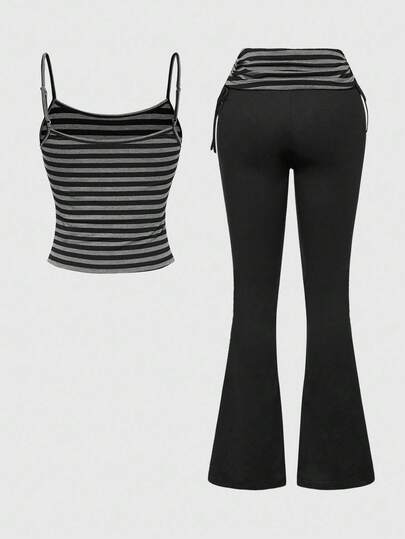 Grunge Punk Ensemble 2 pièces Top camisole rayé rétro Y2K et pantalon évasé à taille ultra basse rayé pour femmes