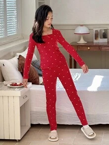DAZY Tween Girls Crew Neck Knit Loungewear Set, Fall - Red - View 2